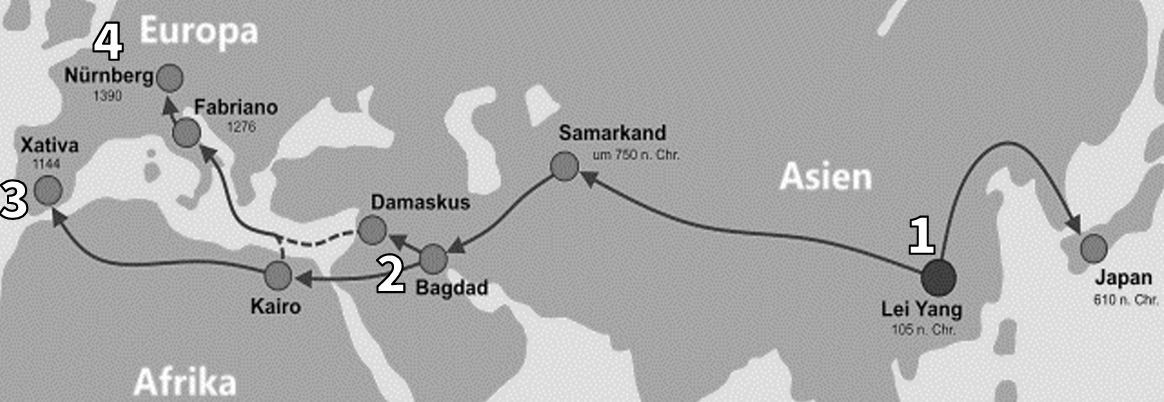 Graustufen-Karte mit Handelsrouten von Asien über Bagdad und Damaskus nach Europa/Afrika, markierte Städte und Nummern.